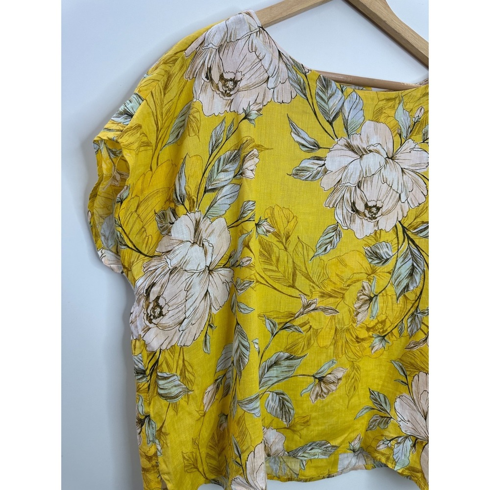 Nicole Miller 100% Linen Yellow Floral Button Back Boxy Top Large Lagonlook - Picture 3 of 12